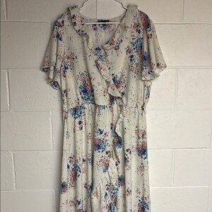 As U Wish Cream and Blue Ruffled Wrap Midi Dress